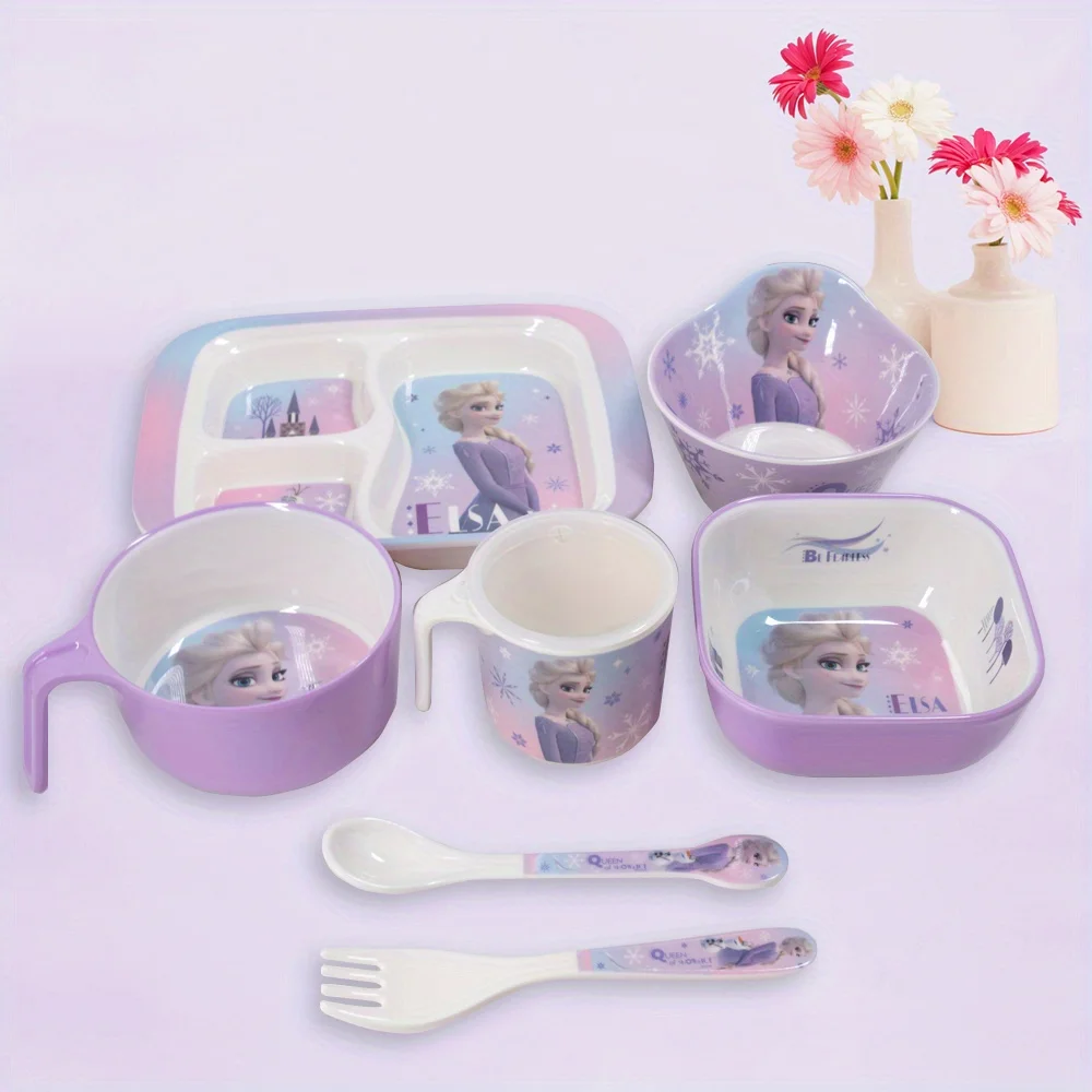 1pc Disney cartoon Purple Elsa Set di stoviglie piatti ciotola e tazza e forchetta e cucchiaio, set di stoviglie natalizie per la cena in famiglia