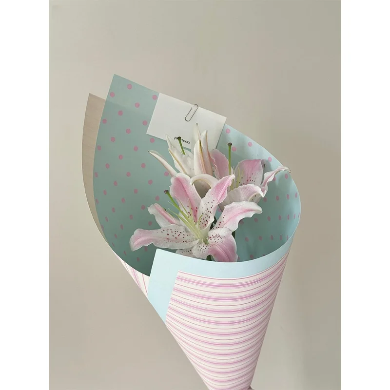 10 sheets Wrapping Paper, Dot Sripe Front Pattern Solid Color Back, Ins‑Style DIY material for Flower Bouquet Gift Packaging
