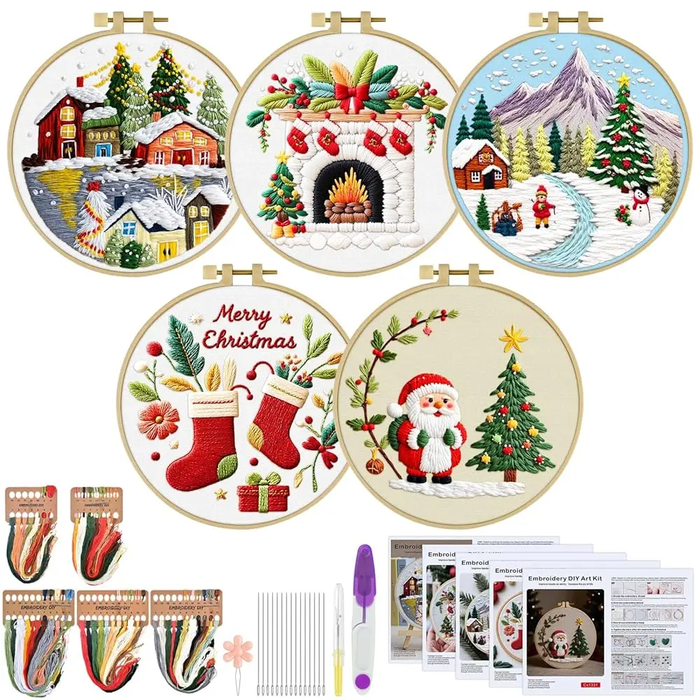 

Embroidery Kit for Beginners, 5 Sets Christmas Cross Stitch Set for Adults Include Embroidery Cloth Hoops Threads for Craft