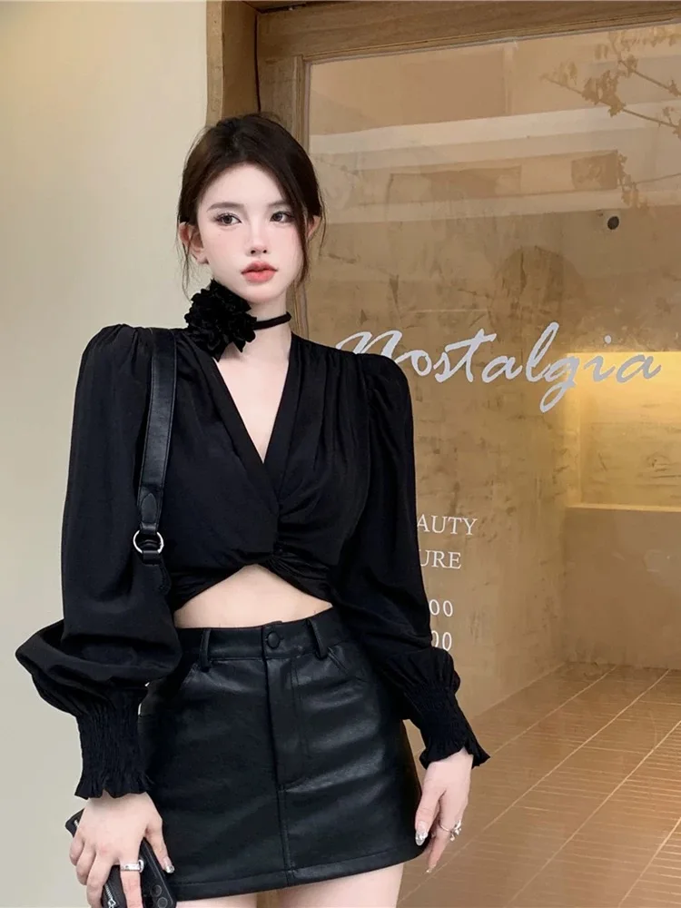 French Cross V Neck Puff Sleeve Tops Blouse Women Short Autumn Hot Sweet High Waist Shirts Date Dinner Party Banquets Blouse