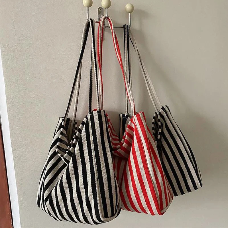 Bolsa de compras feminina de lona de grande capacidade, bolsa de ombro listrada simples para mulheres, bolsa de viagem multifuncional para uso casual