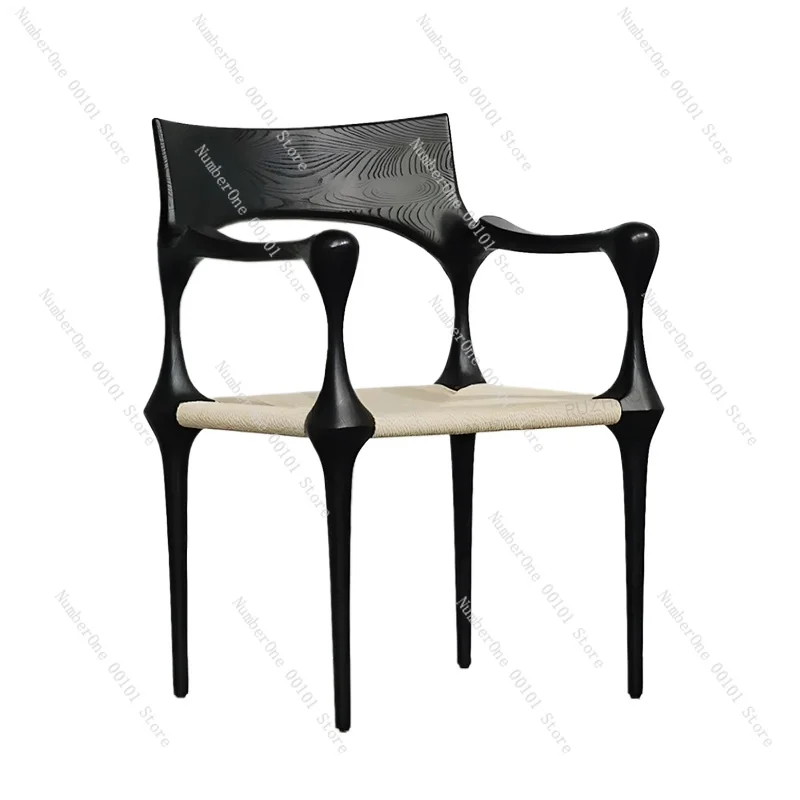 

Mid-Ancient Dining Chair Woven Designer Art Chair Woven Creative Simple Black Home Armchair Study Chair