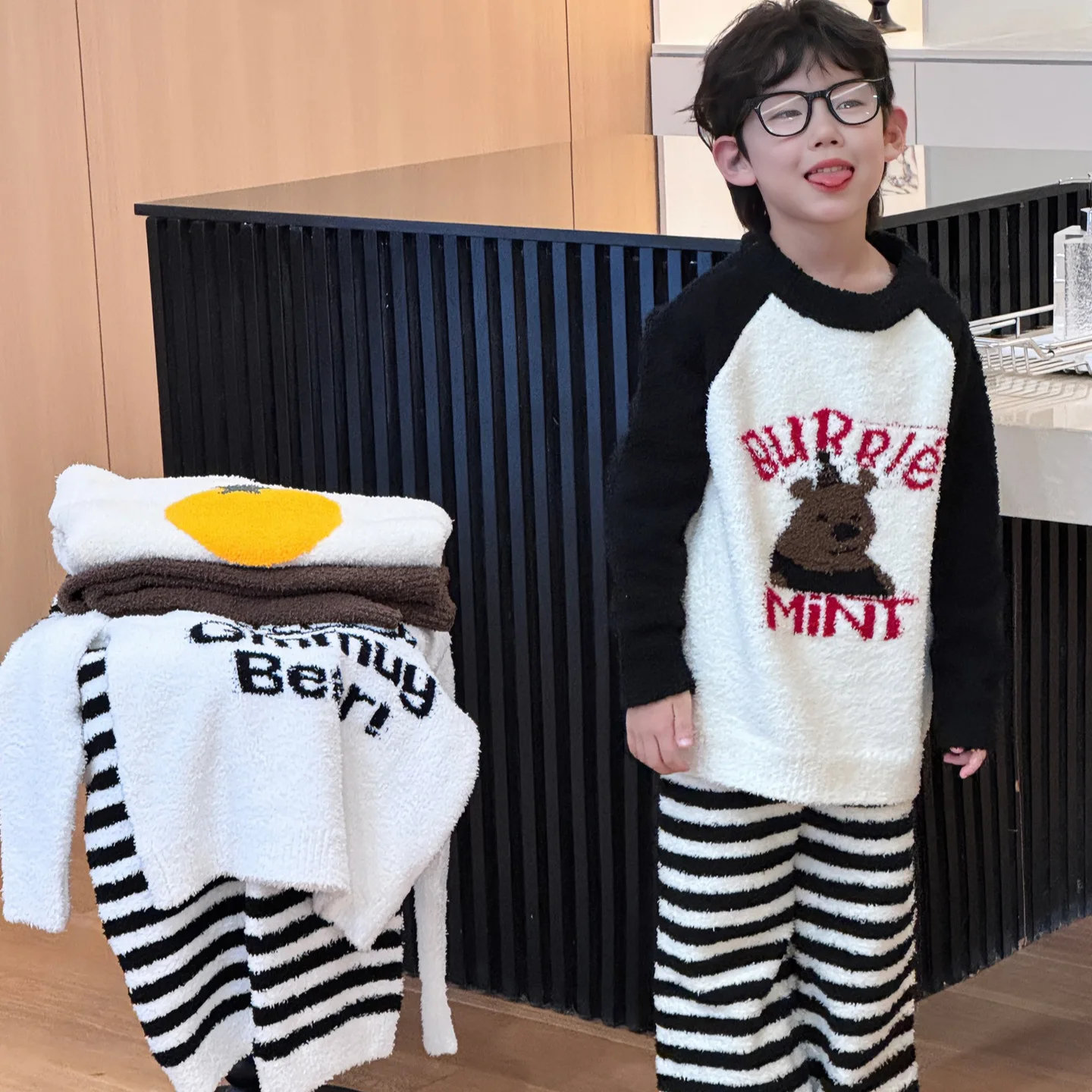 

Autumn Winter Children Boy 2PCS Pajamas Clothes Set Loungewear Thicken Bear Spliced Kid Boy Top Striped Pants Toddler Boy Outfit