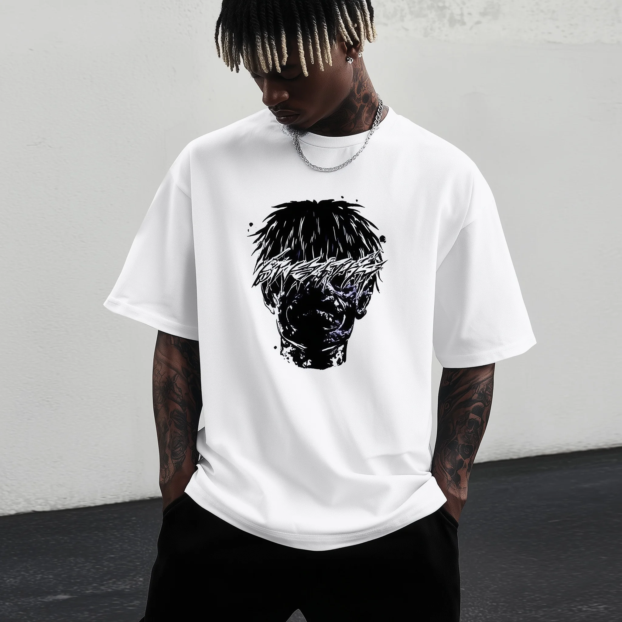 

Teevo Men's Oversized T-Shirt White Abstract Face Art Print Casual Streetwear