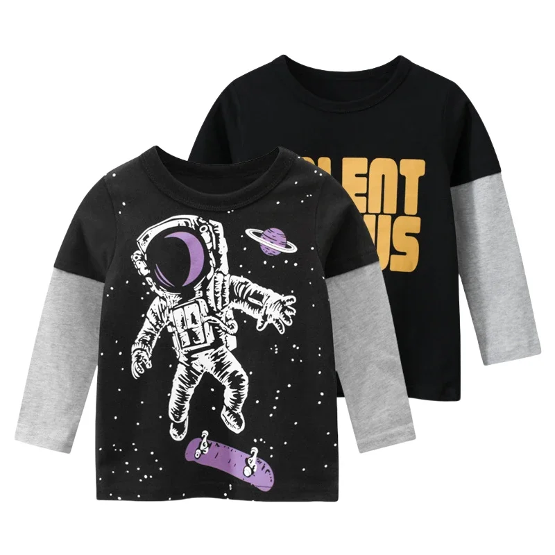 2025 Autumn New Boys Cartoon Astronaut T Shirt Children's Long Sleeve T-shirts Fake Two Pieces Top Letter Kids Clothes 2-9Y