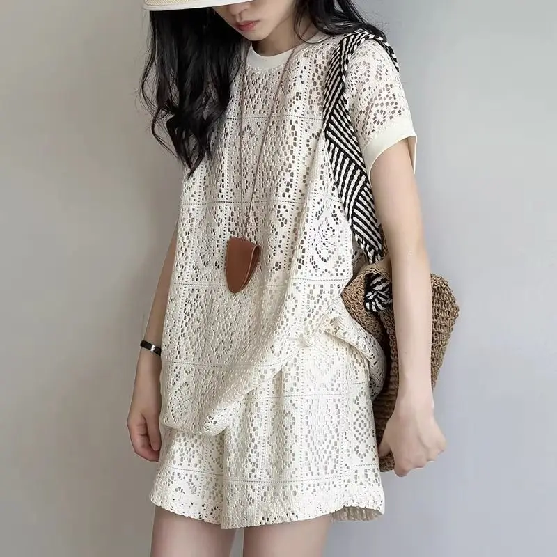 Women Summer Lace Two Piece Set Hollow Out Crop Top Shorts Casual Fashion Outfit Elegant Lightweight Breathable - view 3