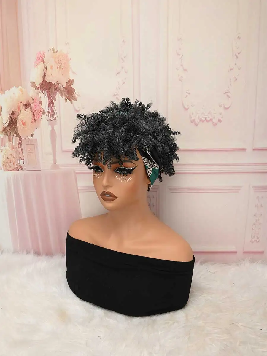 Grey‑Black Kinky Curly Headband Wig with Green African Print Turban Heat‑Resistant Synthetic Glueless Short Afro Wig - view 4