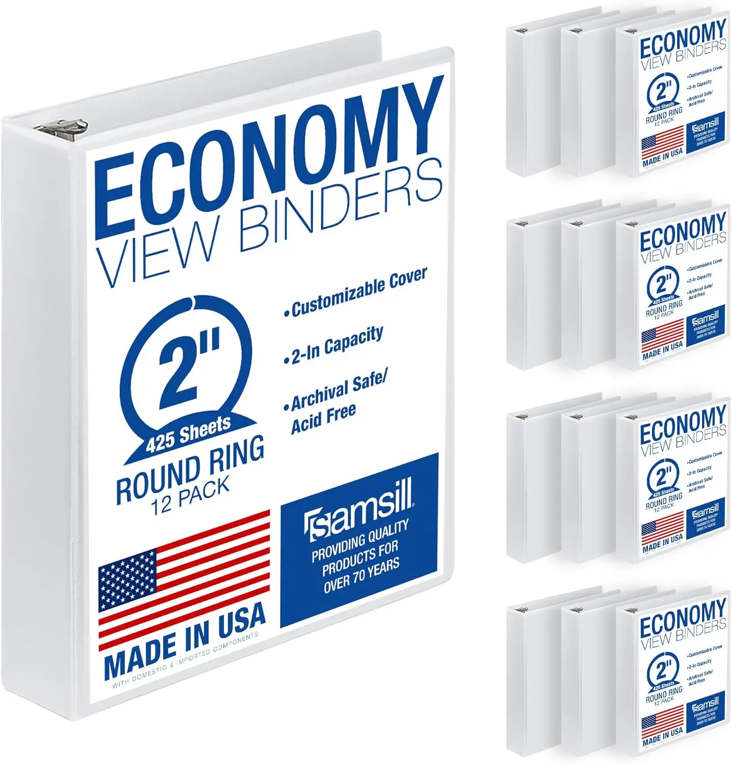 

2 Inch 3 Ring Binders, Economy Round Ring, Clear View Cover, 425 Sheet Capacity, White, 12 Pack