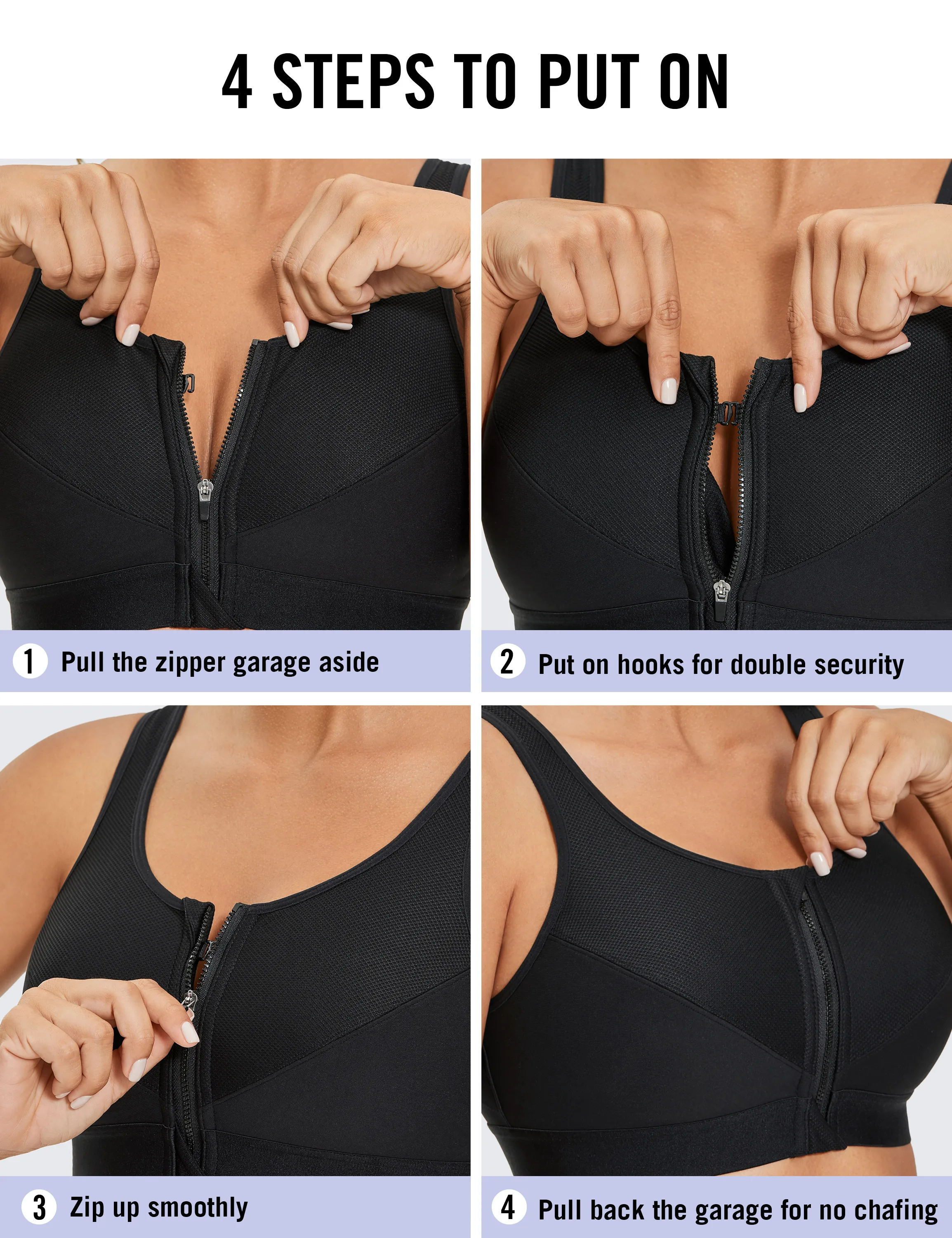 Women\'s Zip Front High Impact Wireless Racerback Active Bra Support Zipper in Front X-shape Back No Padded