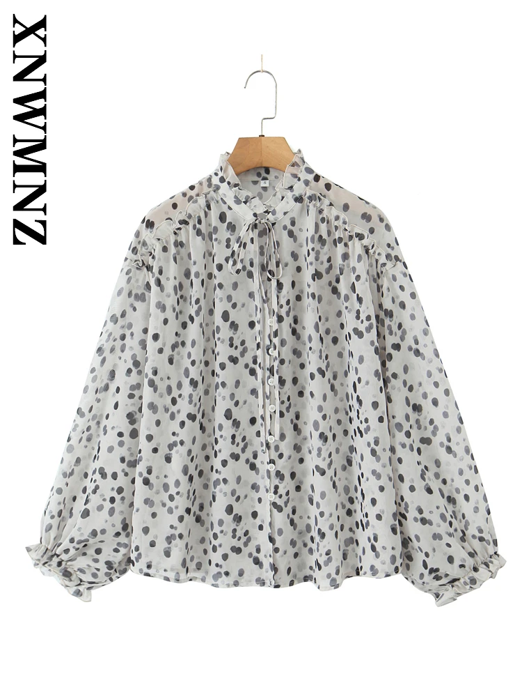 

XNWMNZ 2025 летние женские повседневные блузки с длинными рукавами и принтом, простая женская одежда, рубашка с воротником-стойкой, шикарная шифоновая блузка