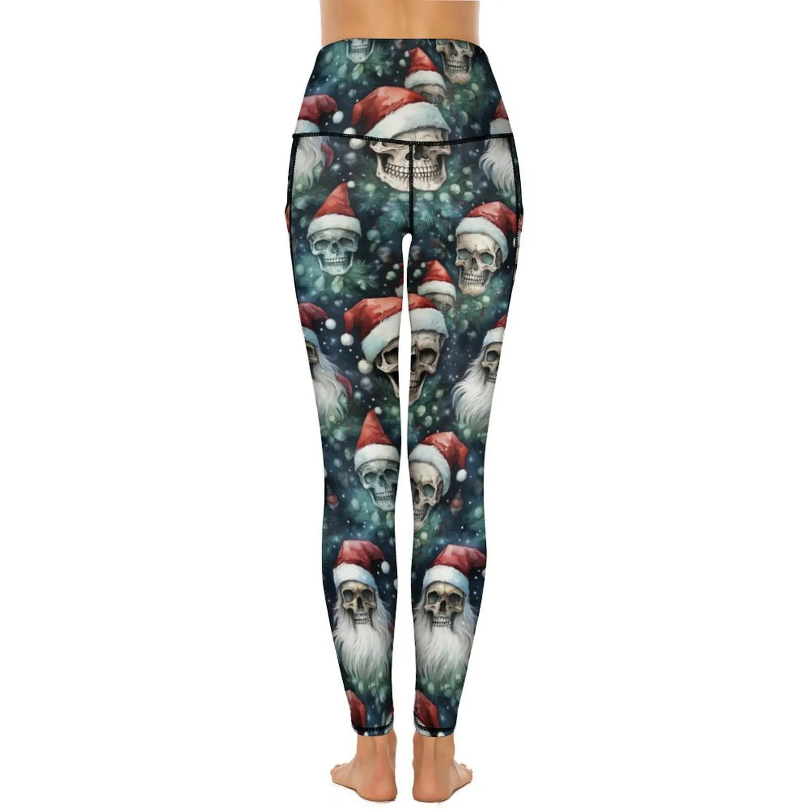 Leggings Gothiques Respirants de Taille Haute à vaccage Rapide, Pantalon de Yoga, Crânes de Noël, Chapeaux de Père Noël, Vert