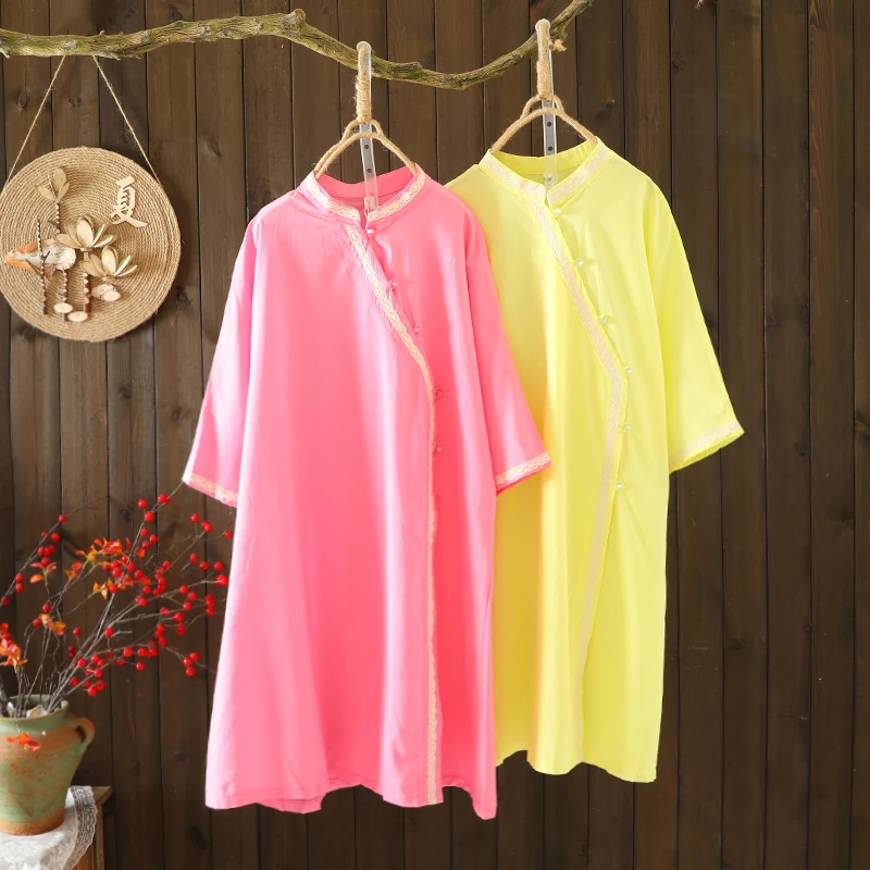 

Женское хлопково-льняное платье миди большого размера с цветочной вышивкой и пуговицами спереди, асимметричный подол, летнее платье трапециевидной формы