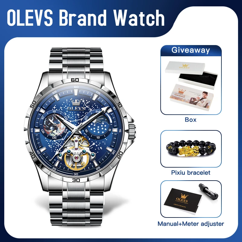 

OLEVS 6689 Mens Watch Original Brand Waterproof Multifunctional Luminous Fully Automatic Mechanical Watch Moon Phase Starry Disk