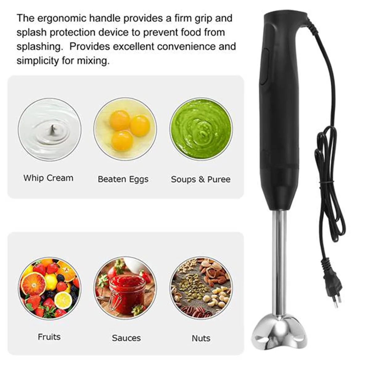 Immersion Hand Stick Blender Electric Food Vegetable Grinder Hand-Held Cooking Complementary Food Machine EU Plug Black TQ
