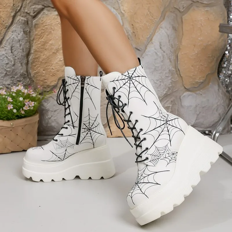 

New 2026 Autumn/Winter Luxury Women Boots Comfortable Slope Heel Thick Bottom Spider Web European and American Large Short Boots