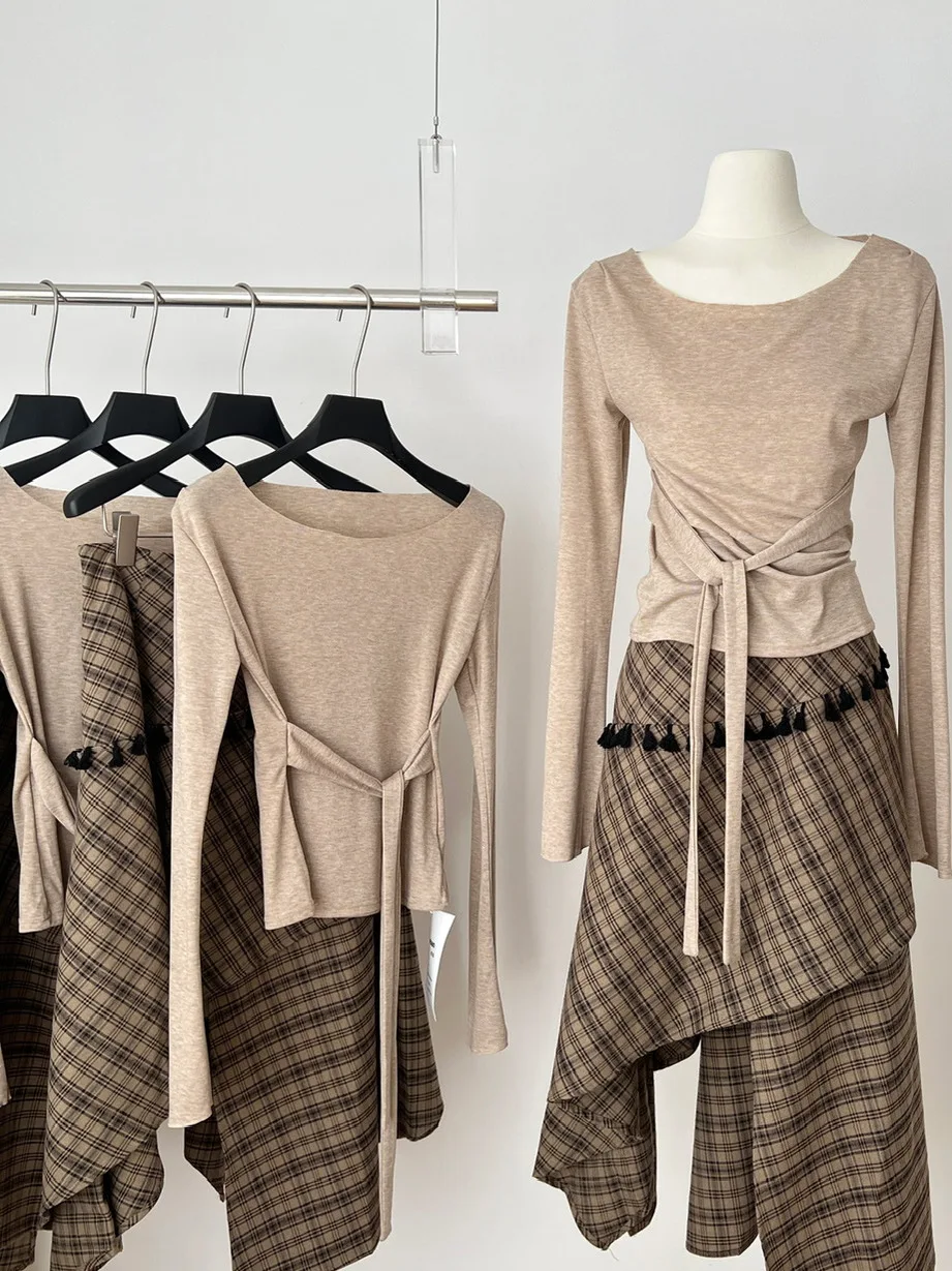 

Вязаная длинная женская футболка в стиле ретро, осенний дизайн с поясом, комплект юбки Ele Midi, асимметричный дизайн, повседневный ансамбль Faion