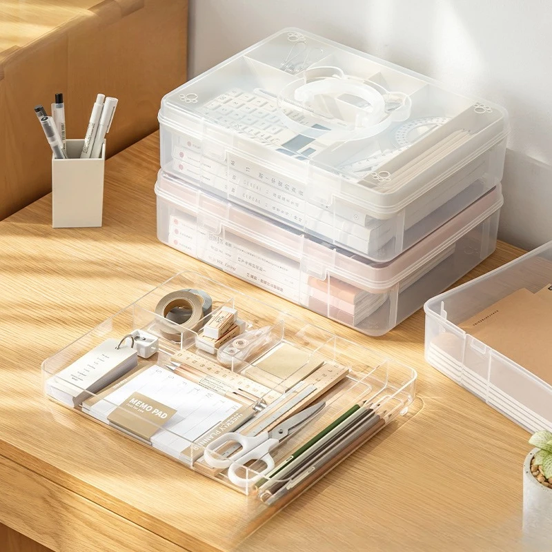 Cute Little Bear Stationery Storage Box, Student Desktop Miscellaneous Compartment Double-layer Transparent Plastic Storage Box