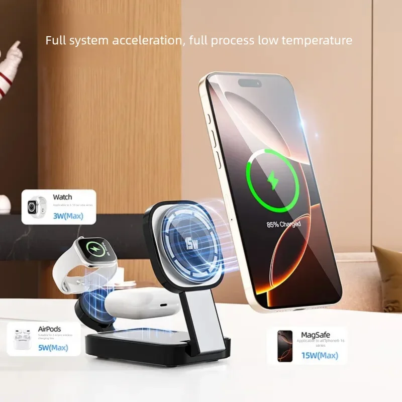 

Foldable LED Light 3 in 1 Magnetic Wireless Charger Stand For iPhone 17 16 15 Pro Apple Watch 2-9 SE Airpods Pro Fast Charging