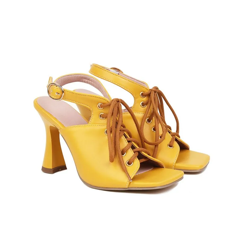 Lace-up Cross-tied Open Toe Yellow Orange Sky Blue Summer Slingback Girls Shoes High Heeled Pumps Women Sandals Big Size 10 9