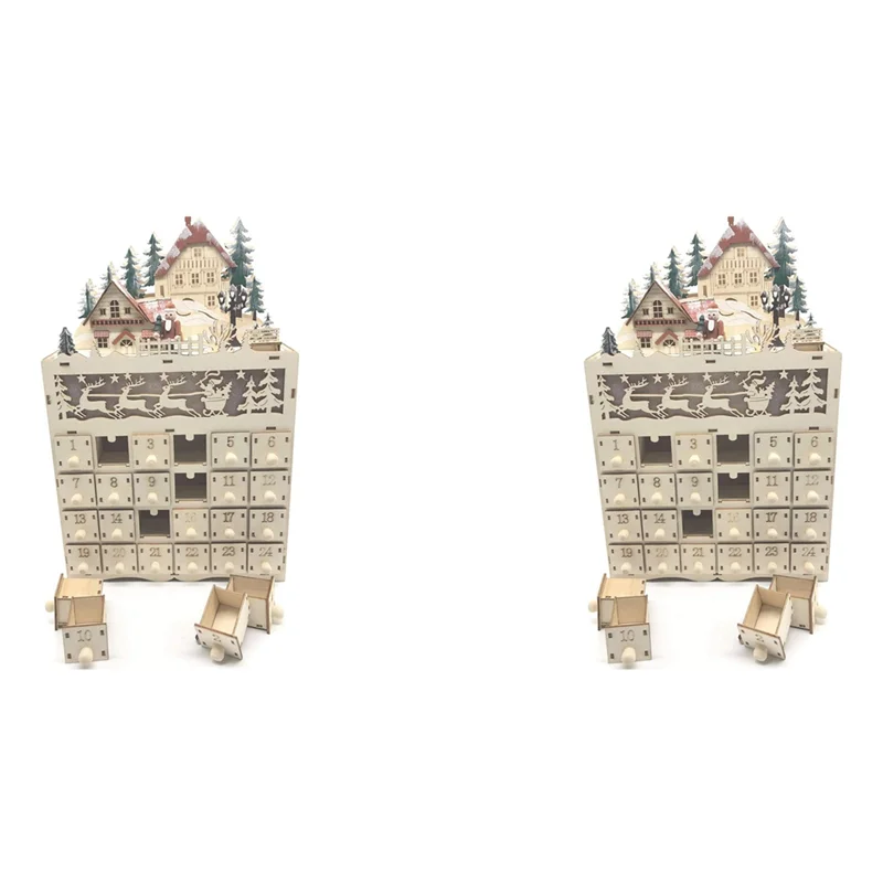 

AT84-2X Wooden Christmas Advent Calendar Countdown To Christmas LED Holiday Decoration 24 Drawers With LED Light