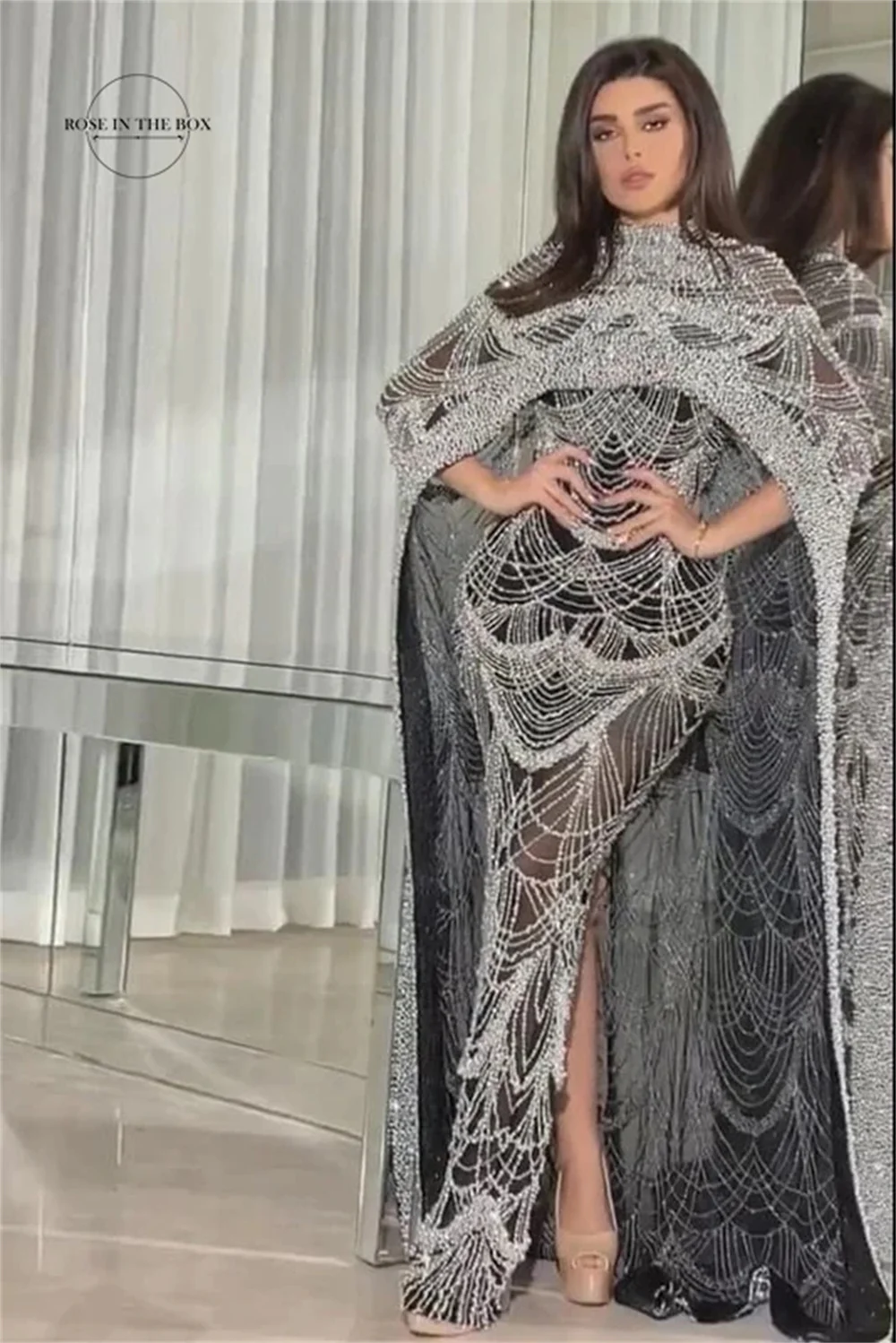 Luxury Pearl Beaded Evening Dresses With Cape Dubai Black Mermaid Elegant Arabic Formal Prom Gowns 2023 For Women Party