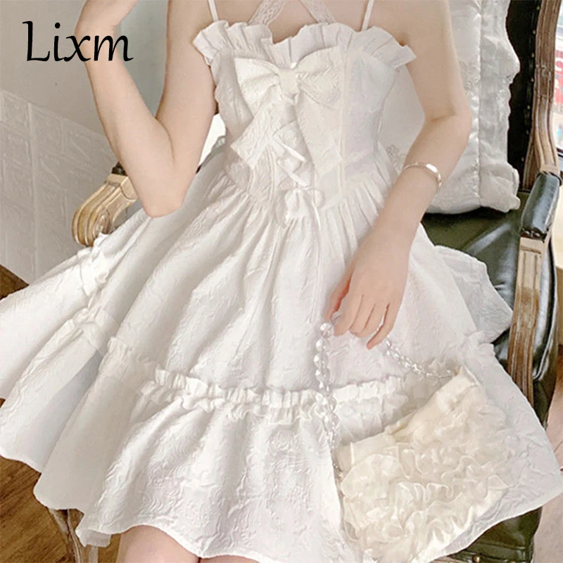 Japanese Victorian Lolita Jsk Dress Girls White Angel Cosplay Elegant Daily Strap Dress Gothic Women Party Kawaii Dresses