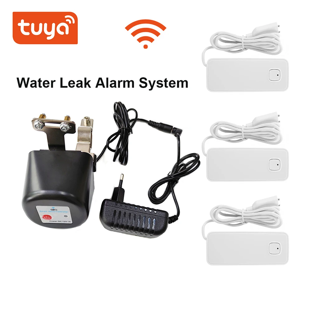 

Датчик утечки воды Tuya, умный манипулятор с клапаном и Wi-Fi DN15 (1/2 дюйма), автоматическое отключение, 3 датчика воды с Wi-Fi для водопроводного трубопровода