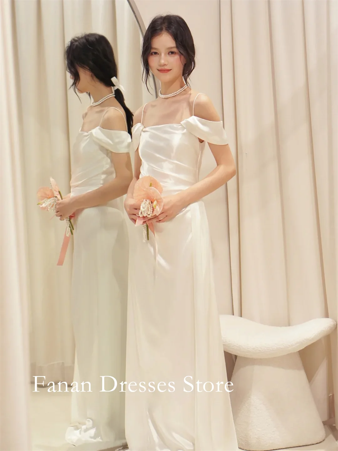 

FANAN Korea Mermaid Floor Length Sleeveless Spaghetti Straps Silk Satin Wedding Dresses 웨딩드레스 Ivory Customized Pretty Brid