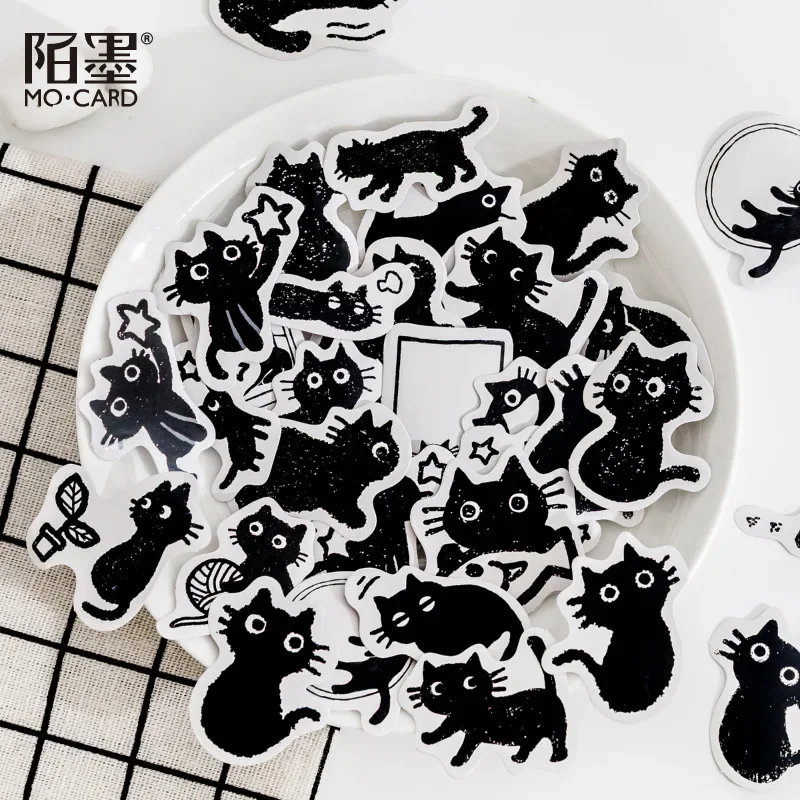 45Pcs Japanese Simple Black Cat Sticker Animal Theme Scrapbook Journal DIY Material Girl Boy Phone Case Tablet Laptop Decoration