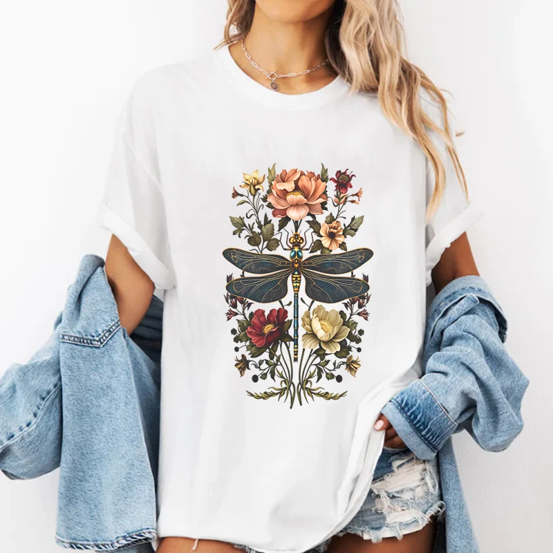 Vintage Summer Dragonfly T-Shirt Women Boho Floral Cottagecore Botanical Print T Shirts Casual Round Neck Cotton Short Sleeve