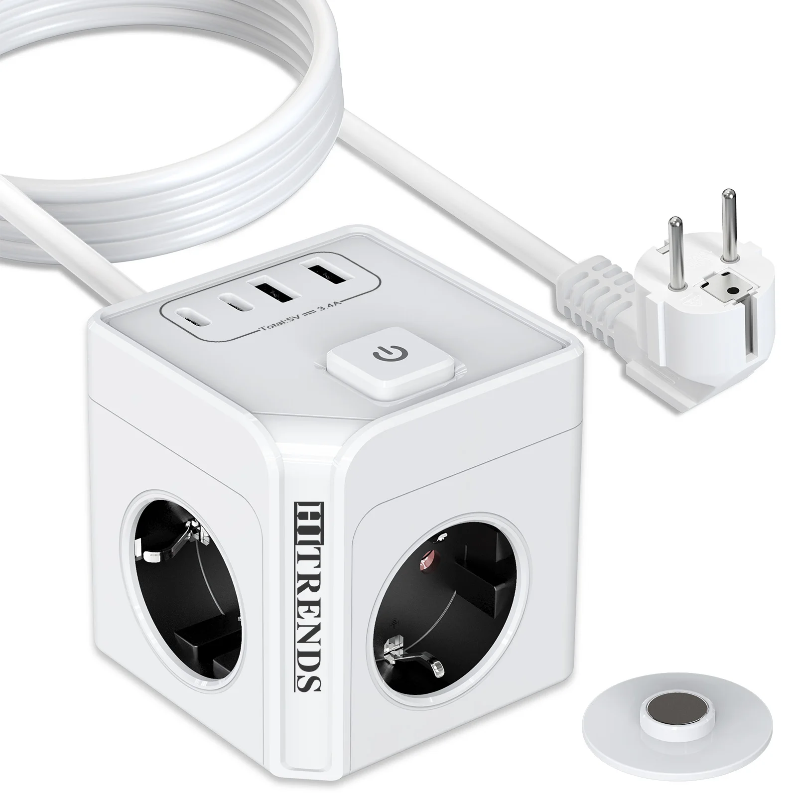 Eu Plug Cube power outlet with magnetic base 2 USB-A and 2 USB-C charging ports Total control switch 2 meter extension cord