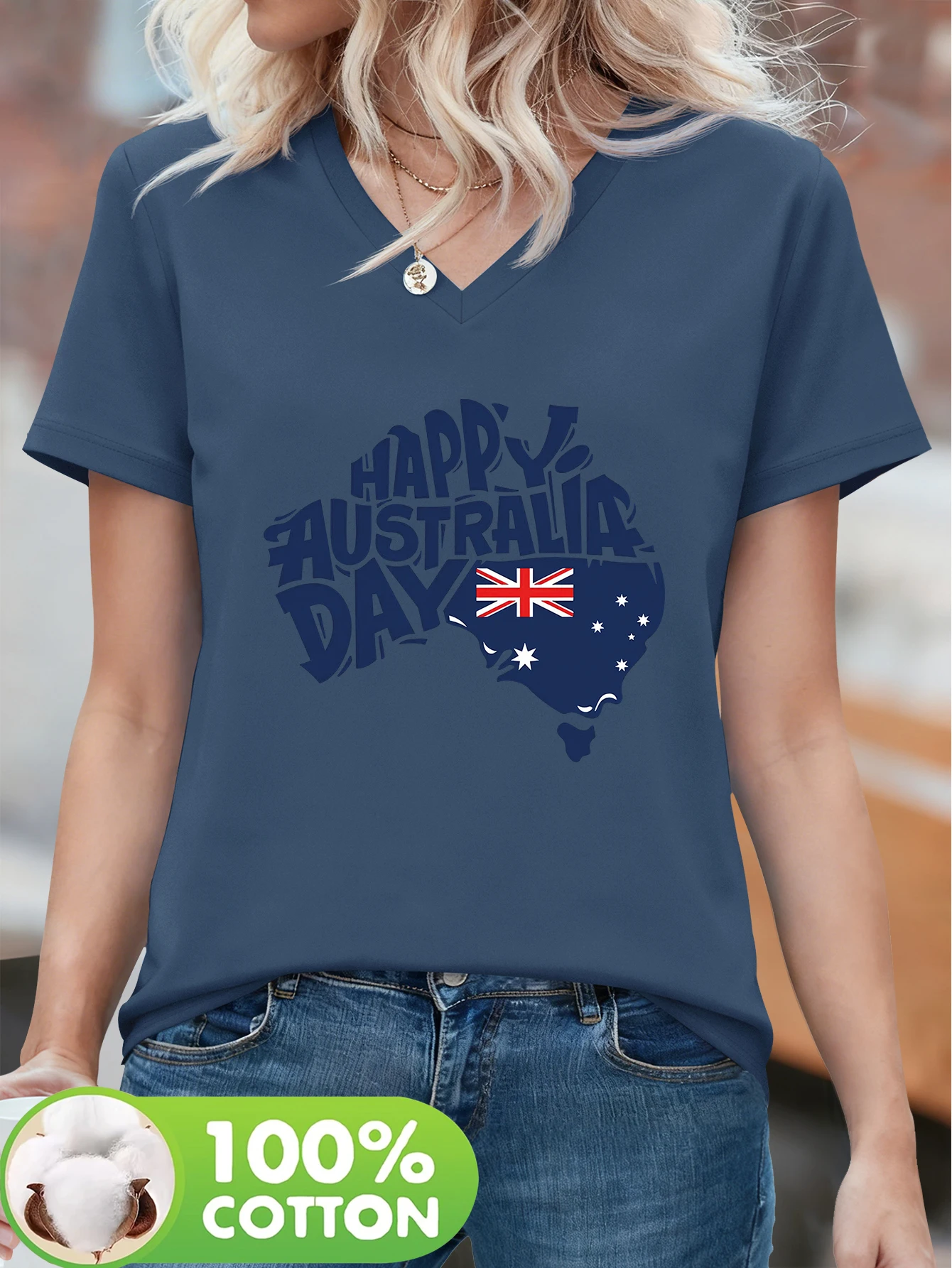 

Women's 100% Cotton Short-Sleeve T-Shirt with Australia Day Print - Comfortable V-Neck Casual Top, Versatile