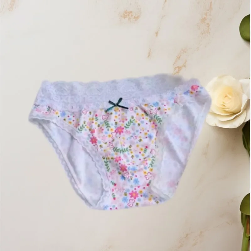 Men's Floral Print Cotton Briefs Sissy Low Rise Sweet Lace Trim Bow Panties Crossdressing Soft Comfortable Breathable Underwear