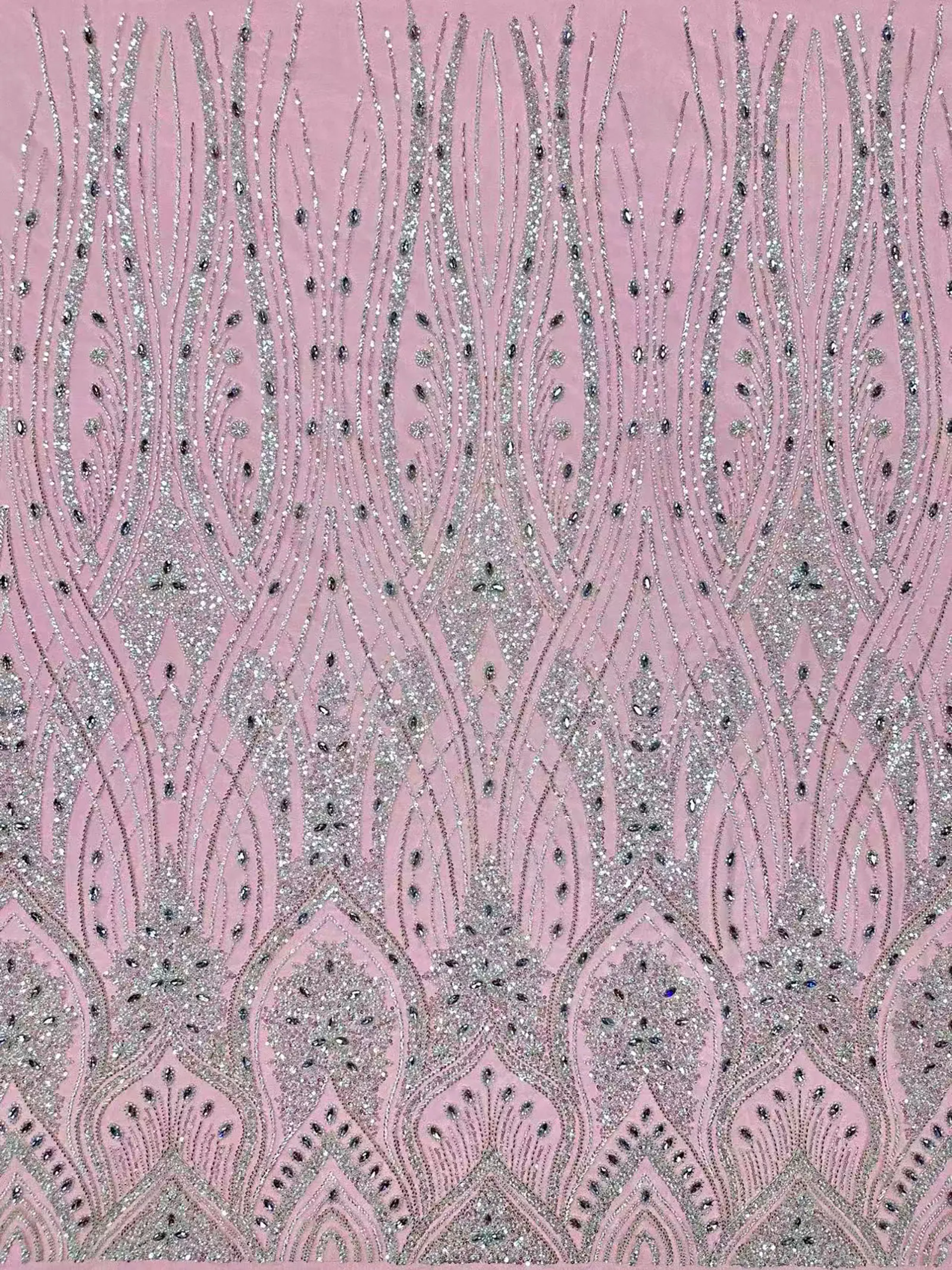 5 Yards rosa modischer nigerianischer Perlen-Stein-Tüll-Spitzenstoff, afrikanischer Pailletten-Netzstoff zum Nähen von Brautkleidern – Detail 7