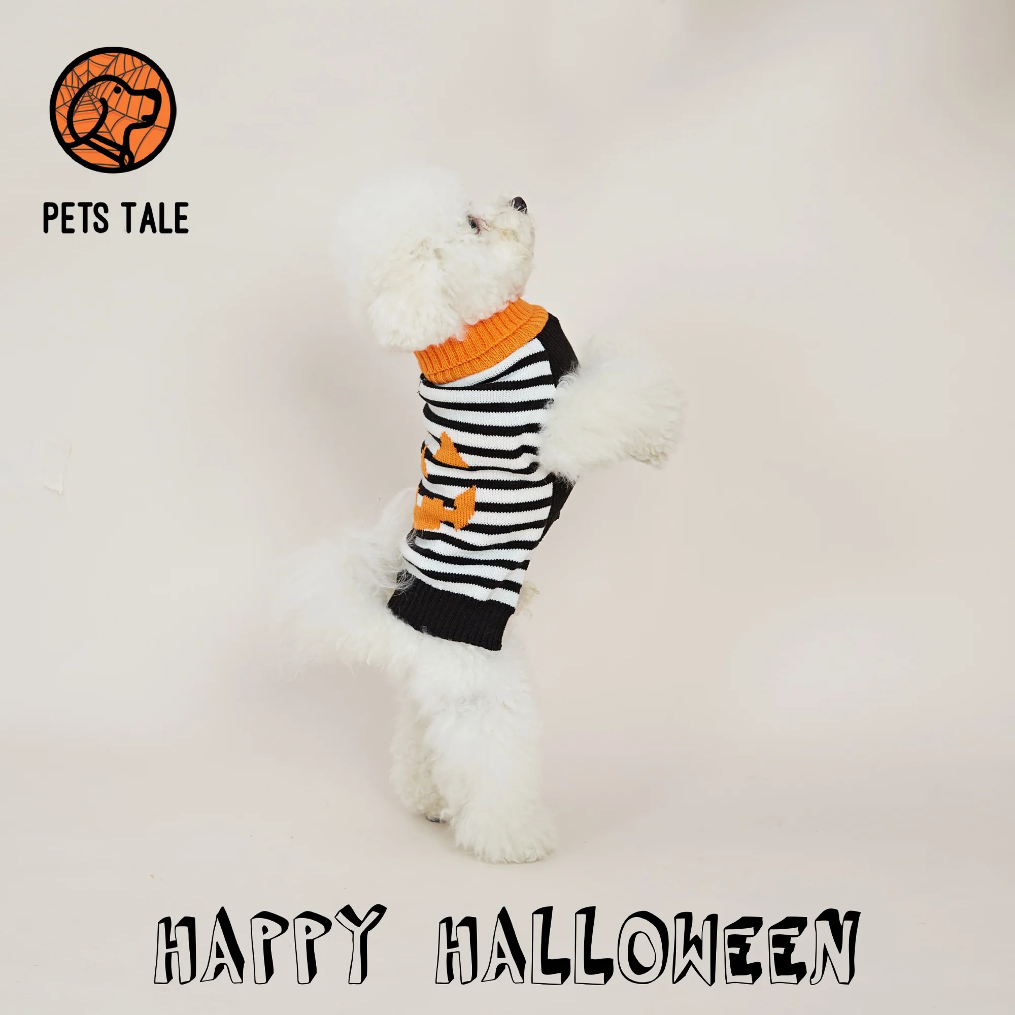 Halloween Pumpkin Ghost Face Striped Dog Sweater with Leash Hole Design