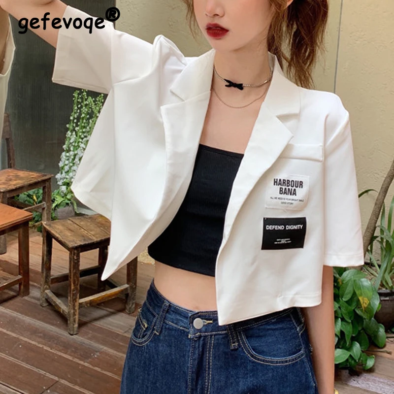 2024 Summer Women Trendy Appliques Design Sweet Kawaii Short Sleeve Thin Cropped Blazer Casual Street Y2K Solid Chic Suit Jacket