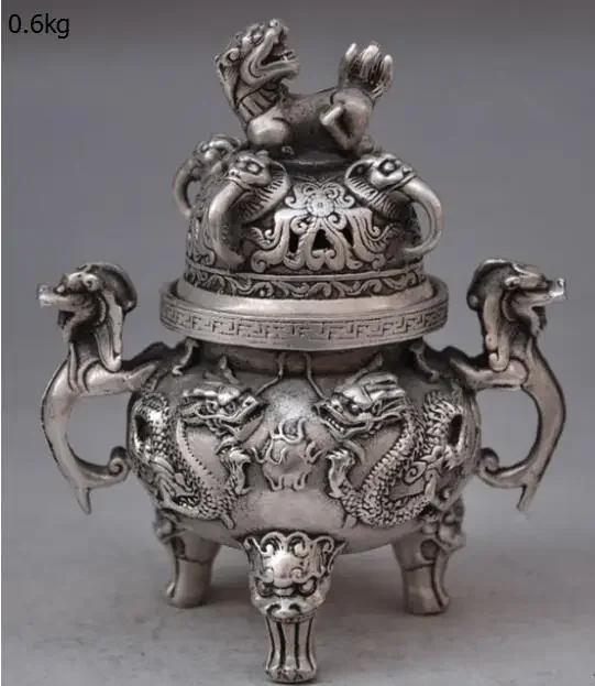 

Chinese buddhist manual old silver copper dragon lion statues incense burner