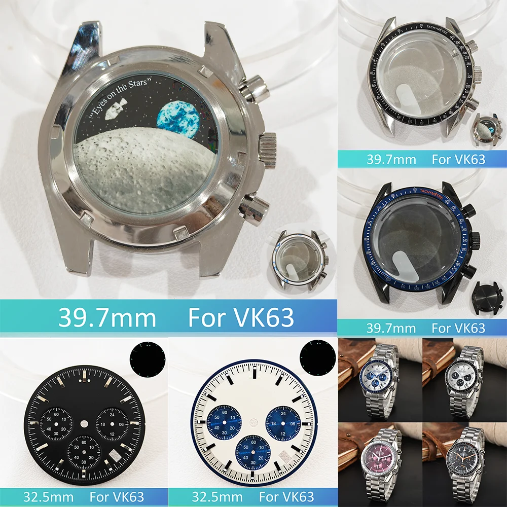 

For VK63 Case Moon Watch 39.7MM Moon Pattern Back Chronograph 316L Stainless Steel Metal Material Parts or 20mm Strap VK63 Dial