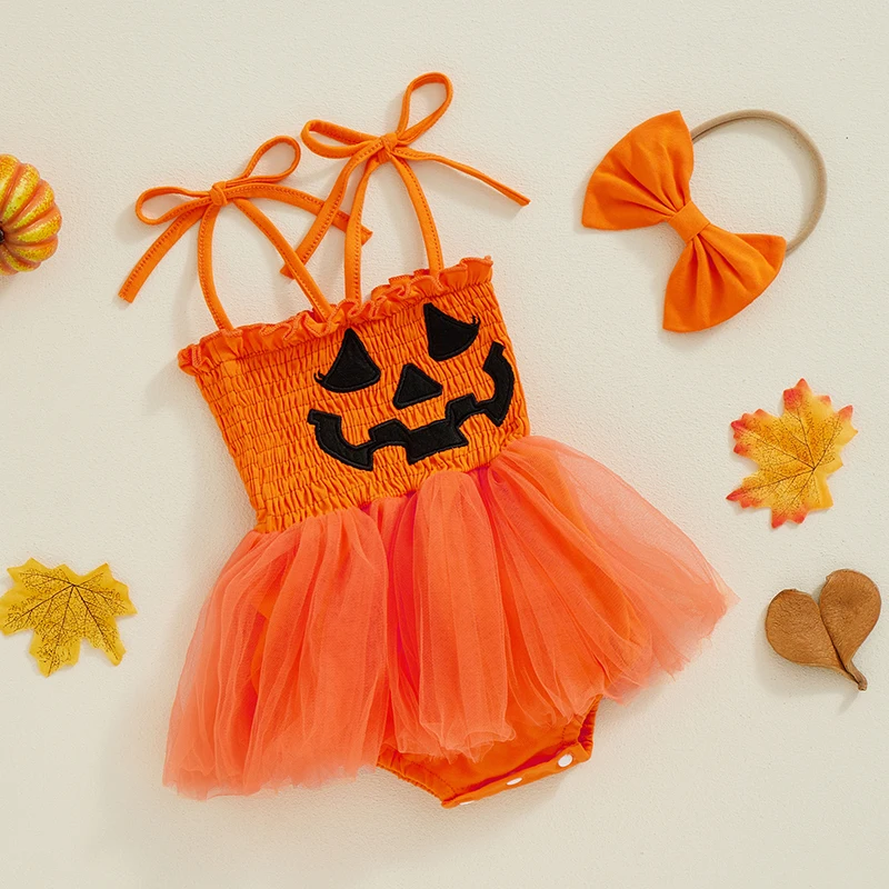 0-24Months Baby Girl Halloween Outfit Pumpkin Embroidery Shirred Spaghetti Strap Romper Dress Bow Headband 2 Piece Set