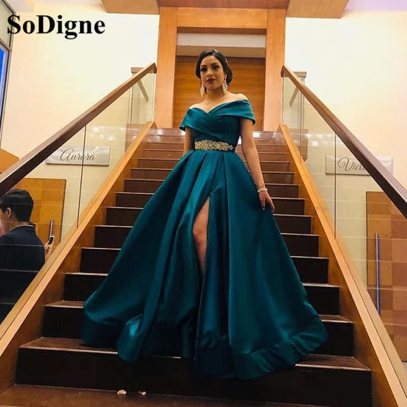 

SoDigne A Line Evening Dresses With Crystal Belt Off The Shoulder Prom Dresses Pleats Side Split Robe De Soiree Long Party Dress