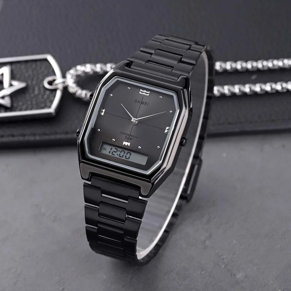 SKMEI Classic Men's Ultra-Thin Dual-Display Digital Watch Rose Gold Street-Style Retro Southeast Asian-Inspired Fashion Watch