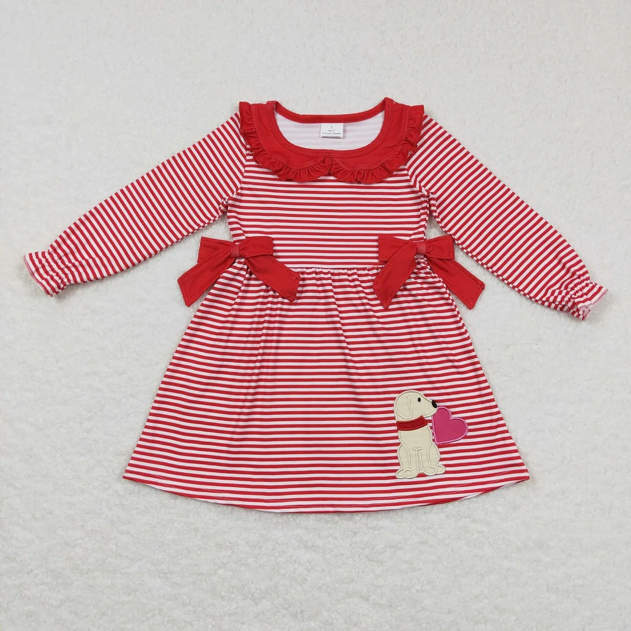 

Wholesale Baby Girl Dog Heart Valentine's Day Dress Toddler Long Sleeves Kids Children Infant Red Stripes One Piece Knee Length