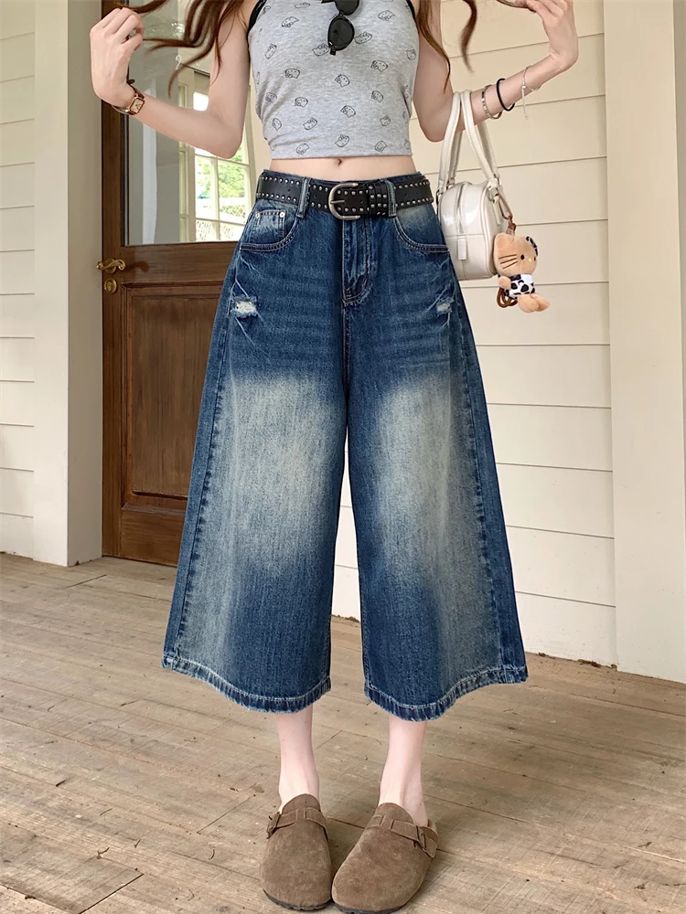 

American Style Vintage Ripped Loose Jeans Women Summer Slimming Versatile Seven-Foot Wide Leg Pants Casual High Waist
