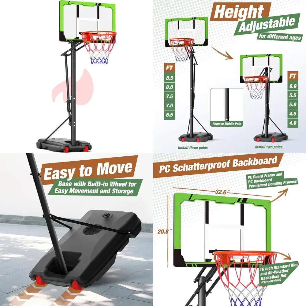 Sistema de cesta de basquete portátil de altura ajustável para crianças, 4-8,5 pés, com tabela inquebrável de 33 polegadas e durabilidade de longo prazo
