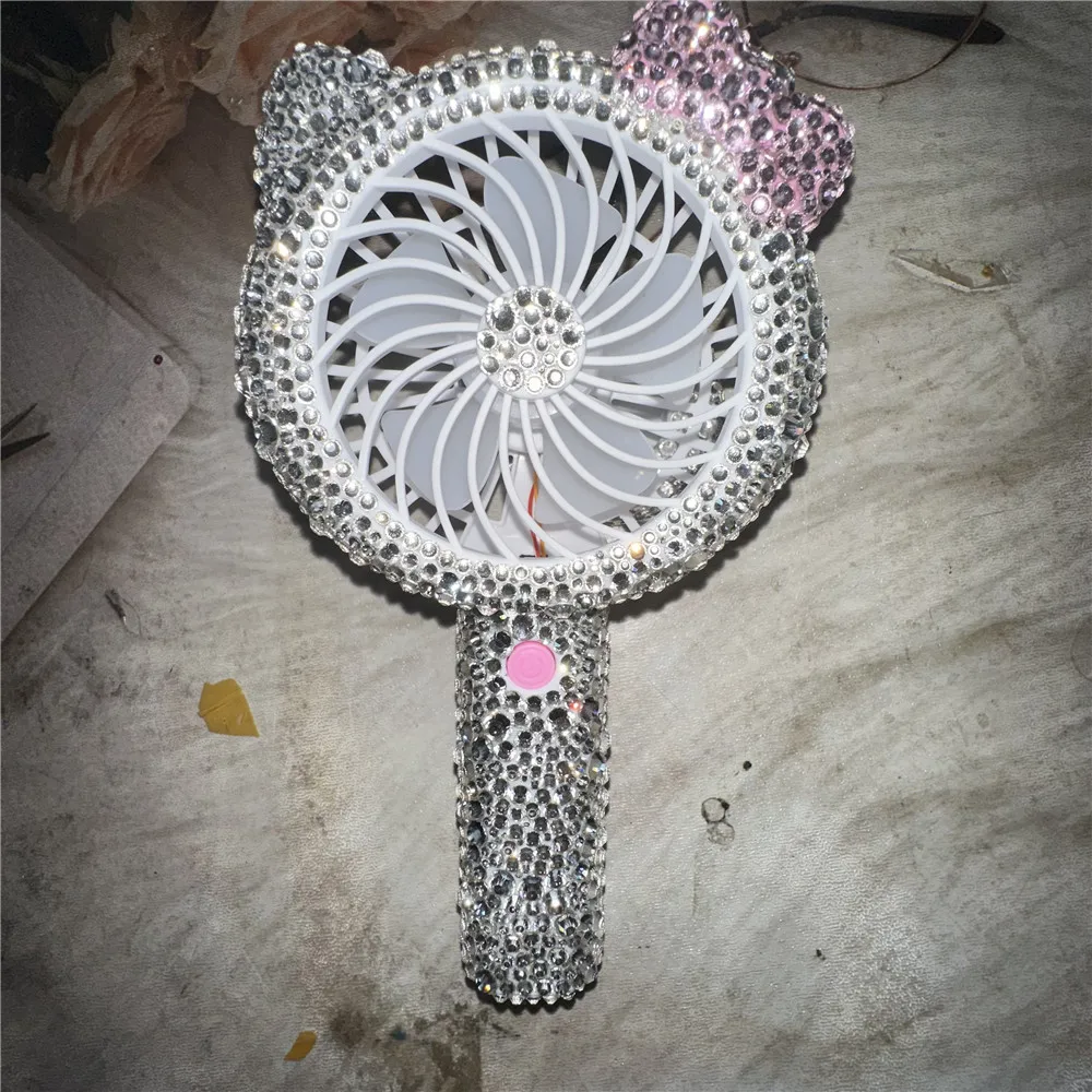 Clear Mixed Sparkle Rhinestone Handmade Pink Bowknot Decorate Desk Stand Mini Summer Fan