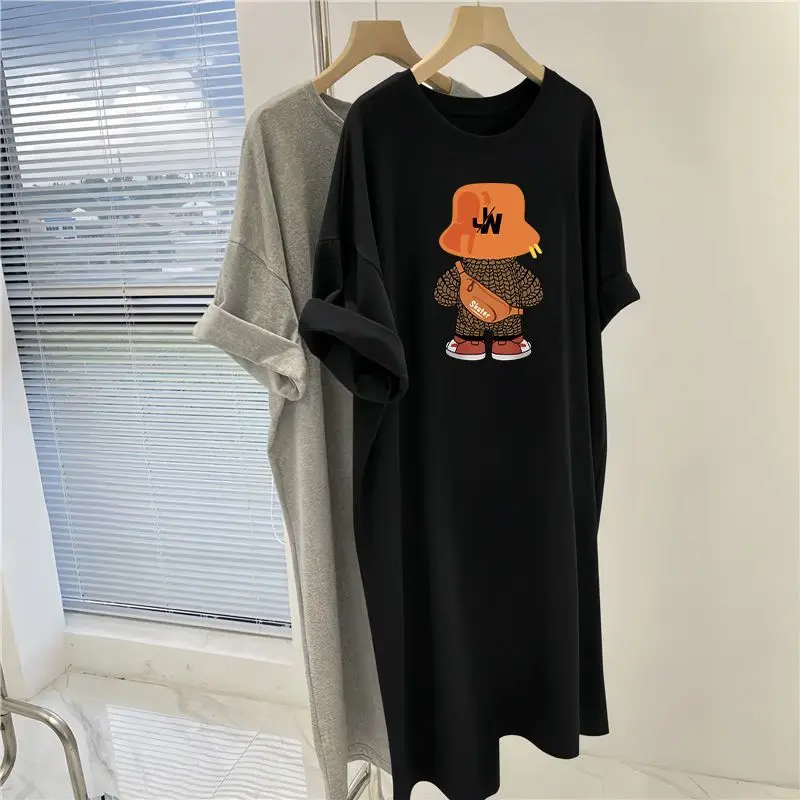 Home Loose Short Sleeve Pullovers Ladies Casual Black Tops Summer Fashion Printing Dresses Animal Cartoon Women's Clothing 2024