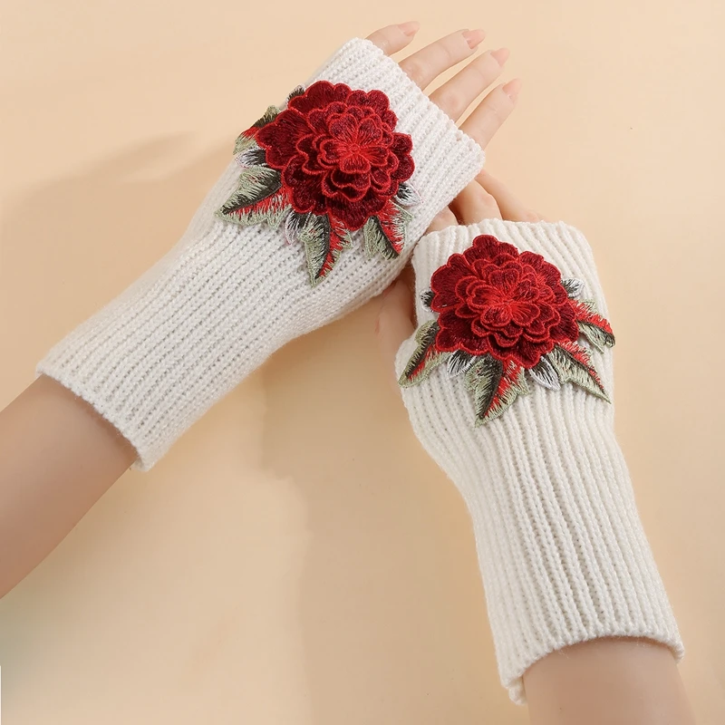 

Модные женские вязаные перчатки с половиной пальца, осенне-зимние теплые перчатки для вождения, короткие варежки с цветочным принтом для защиты запястья