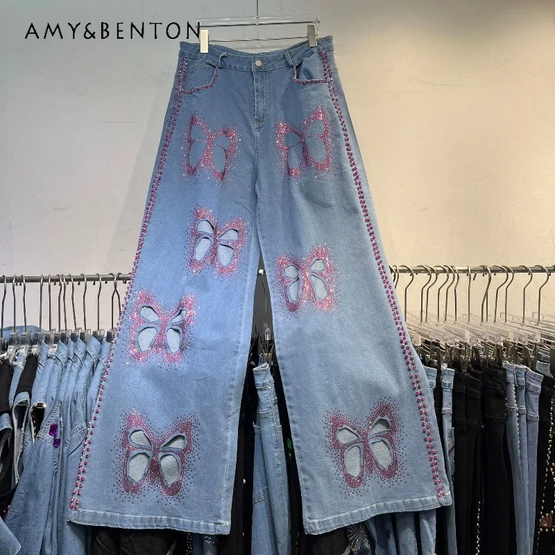 

Heavy Craft Butterfly Hollow Out Rhinestone Jeans Women's 2026 Summer New Unique Design Straight-leg Slimming Long Denim Pants