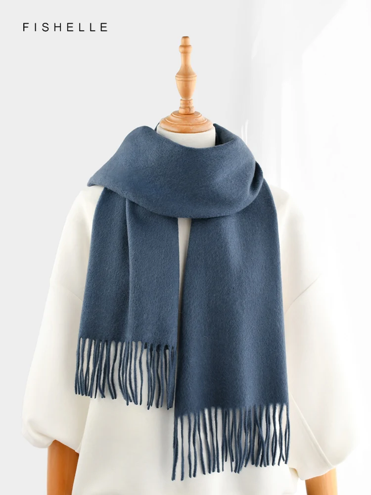 Simple solid grayish blue pure cashmere scarf for women warmth autumn winter tassels scarves adults luxury gifts for men