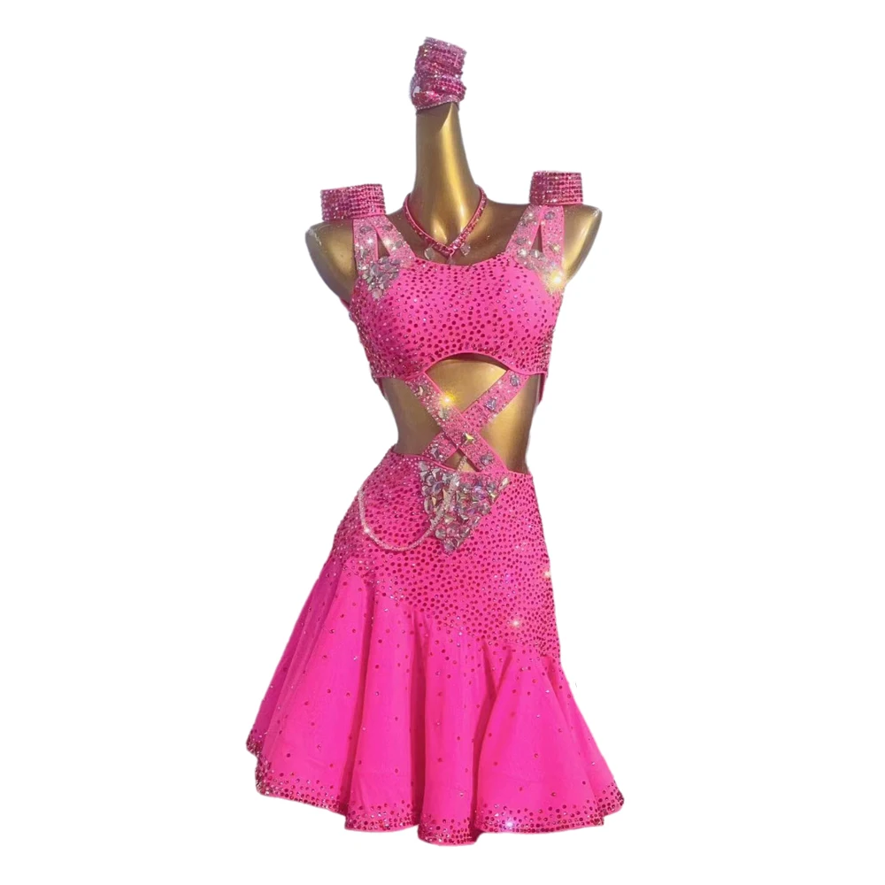 

Latin Dance Costume High-end Customized Super Pink and Super Flash Samba Art High Flash Rhinestone Flower Costume